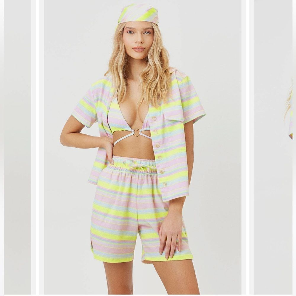 Frankie’s Bikinis Lou Linen Neon Striped Shorts NWT